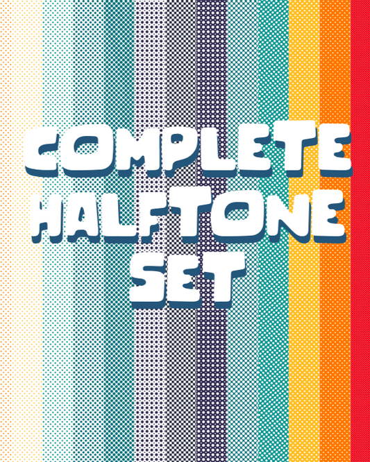 Comic strip with characters reacting to a large structure, next to text 'Complete Halftone Set' on a colorful background.
