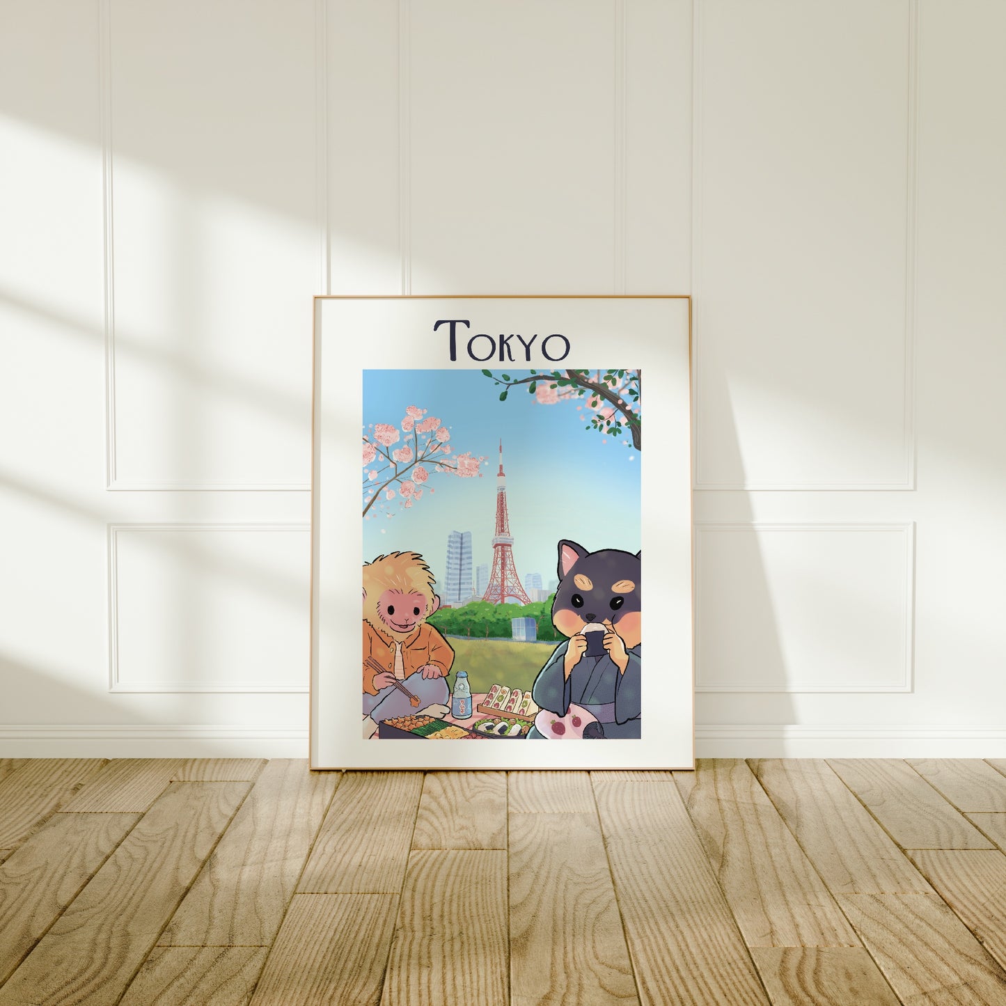 Large frame of the Tokyo City poster leaning against a wall on a wooden floor