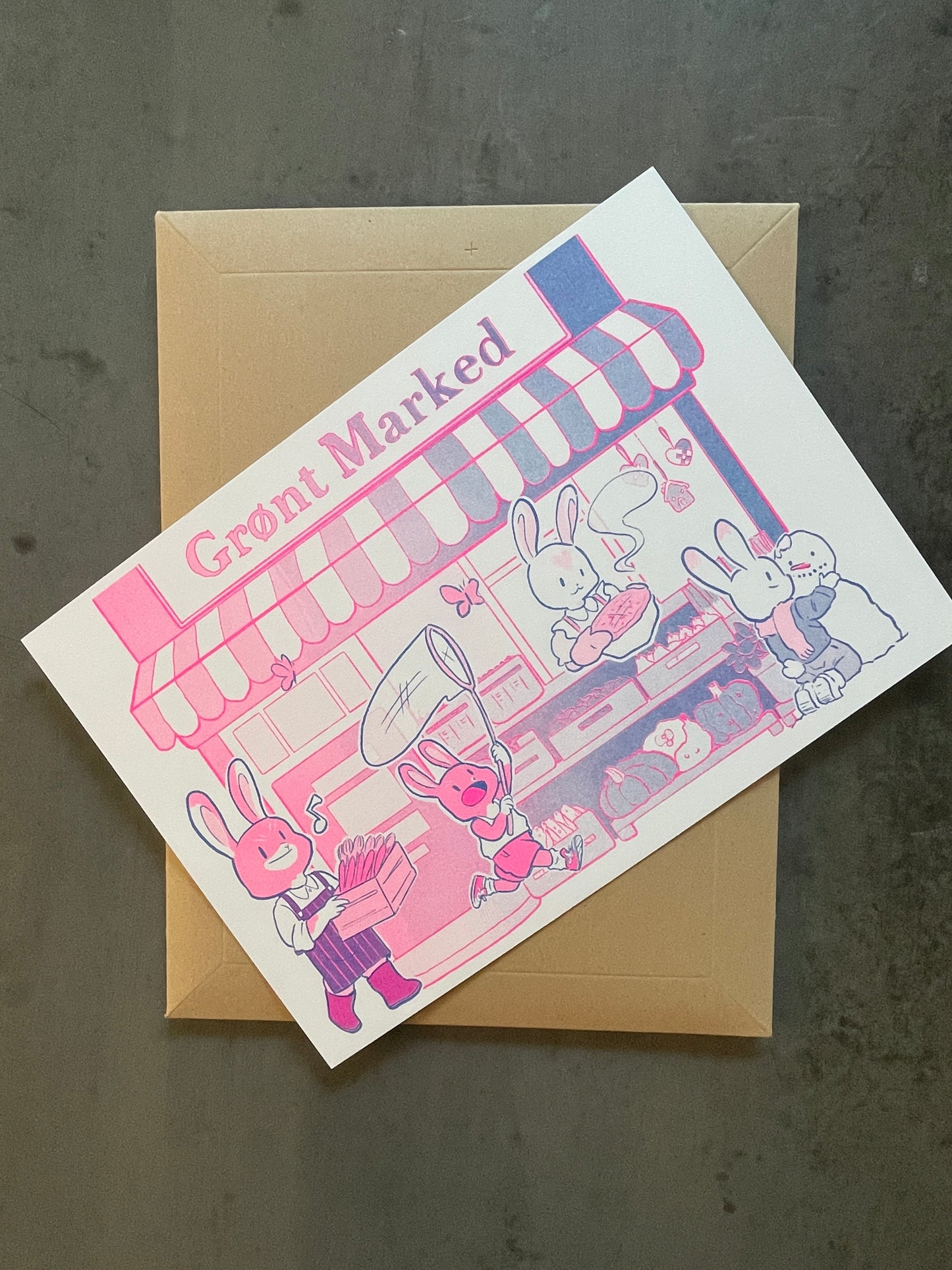 Green Market Bunnies — Riso Print (Limited Edition)