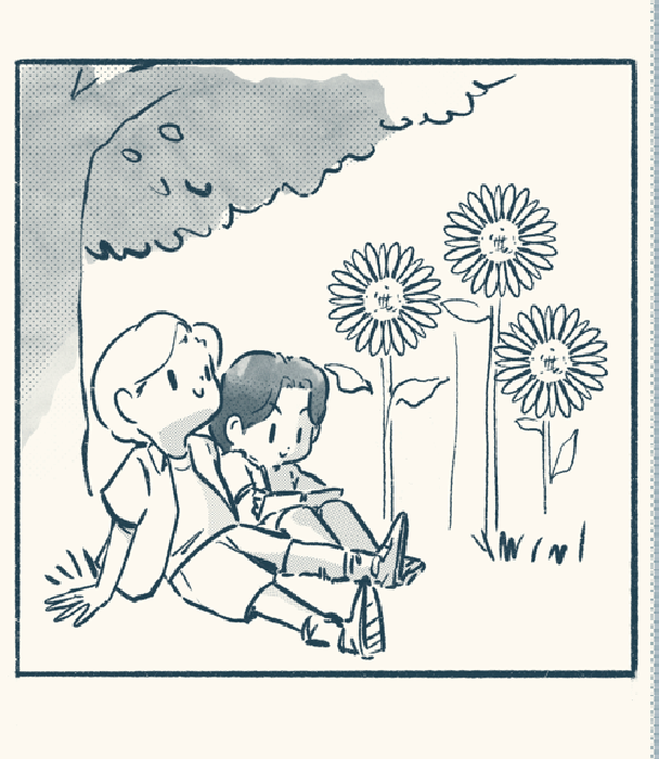 Cartoon illustration of two children sitting under a tree with flowers, labeled 'Light Halftones'.