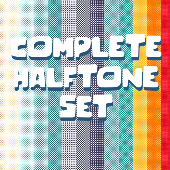 Comic strip with characters reacting to a large structure, next to text 'Complete Halftone Set' on a colorful background.