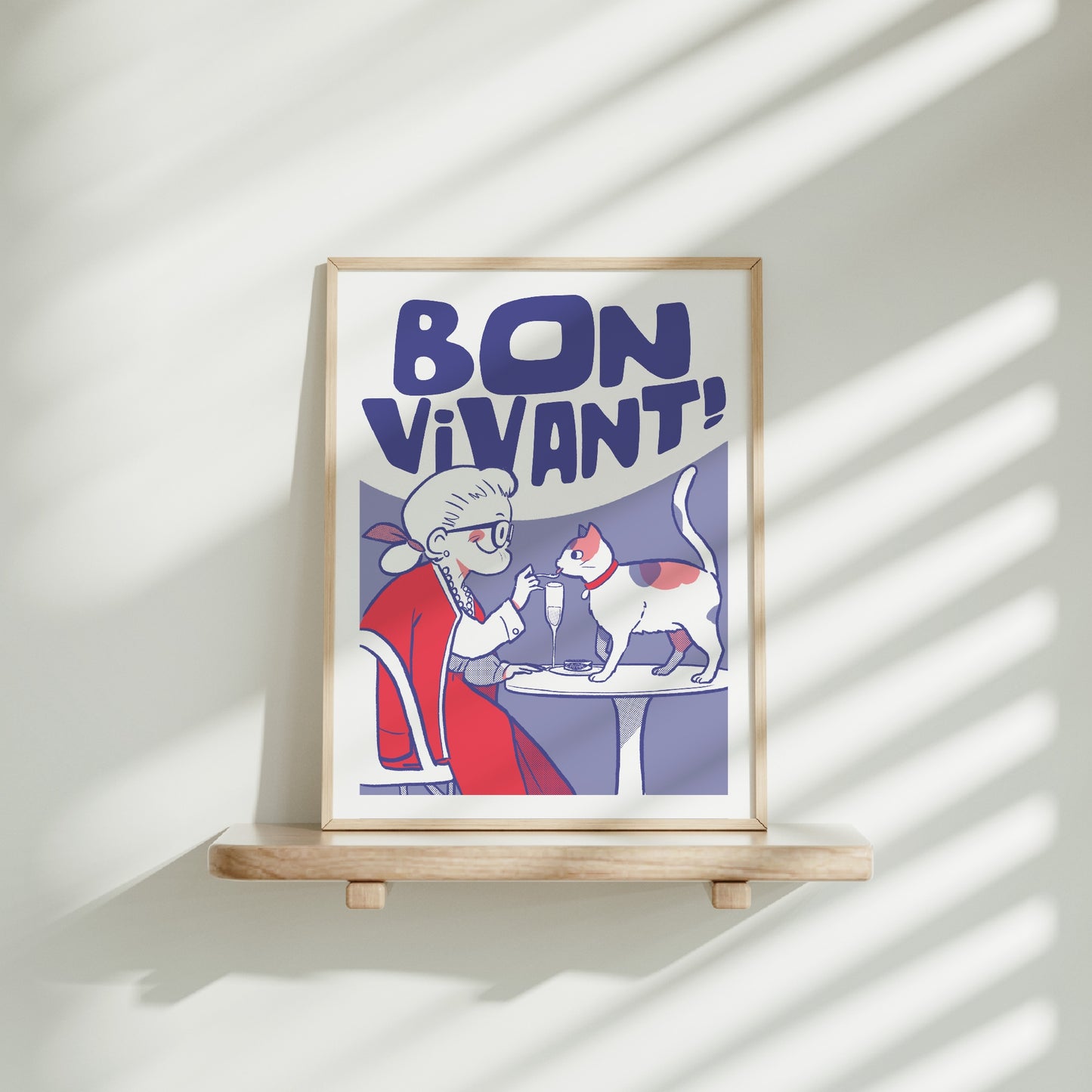 Medium frame of the Bon Vivant ! poster on a wooden shelf