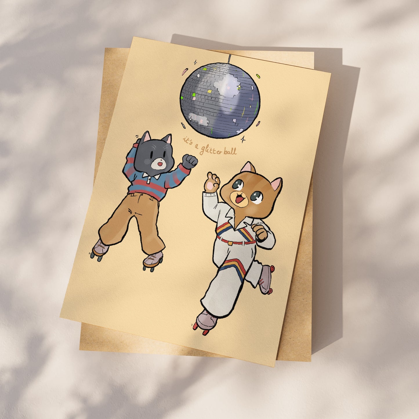 A4 paper print of the Glitter Ball Cats under the sun