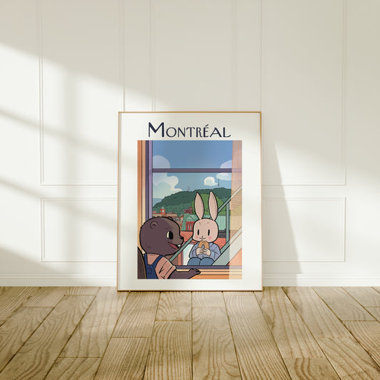 Large frame of the Montreal city poster leaning against a wall on a wooden floor