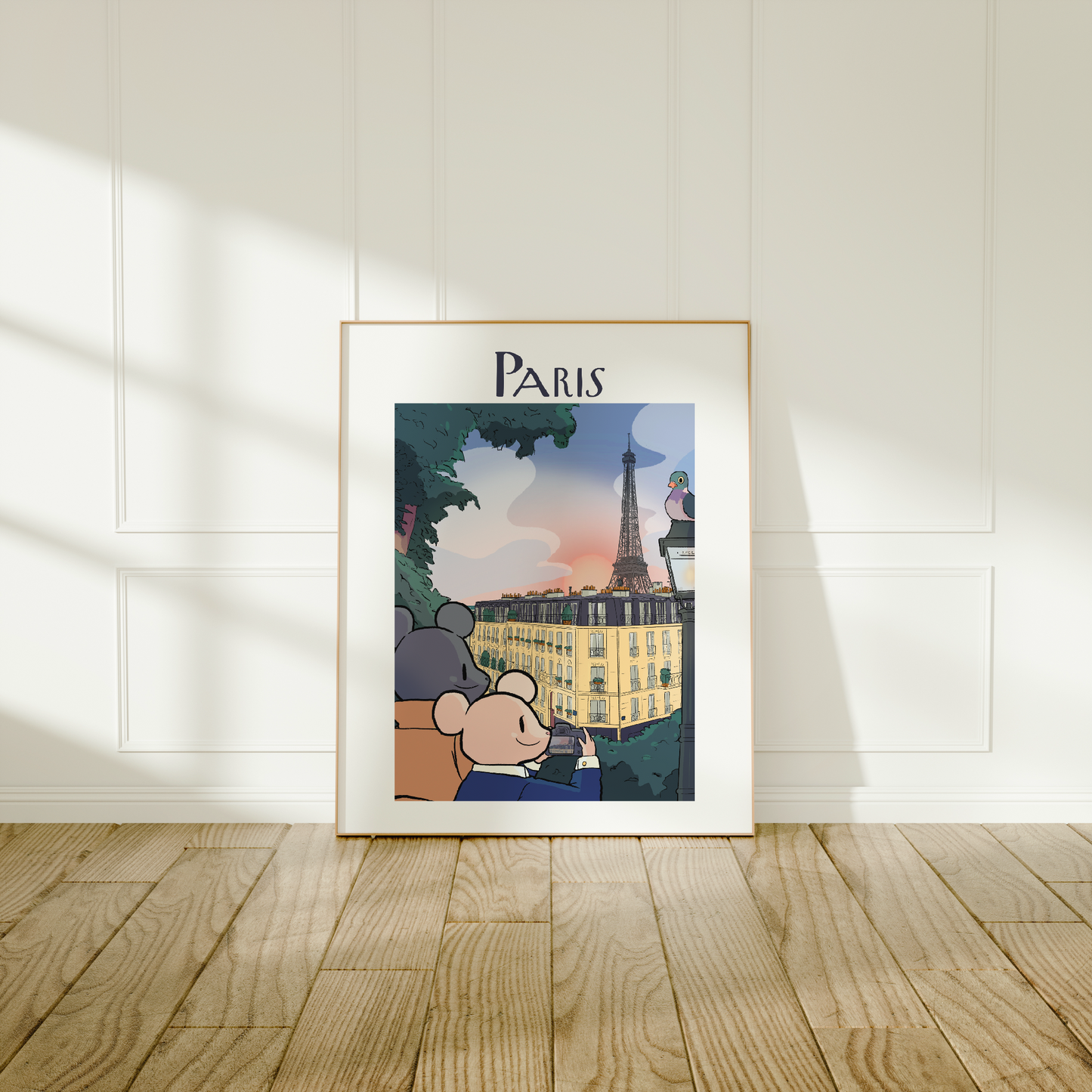 Large frame of the Paris city poster leaning against a wall on a wooden floor