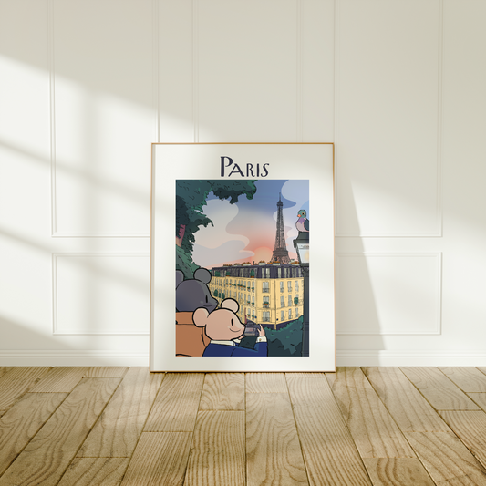 Large frame of the Paris city poster leaning against a wall on a wooden floor