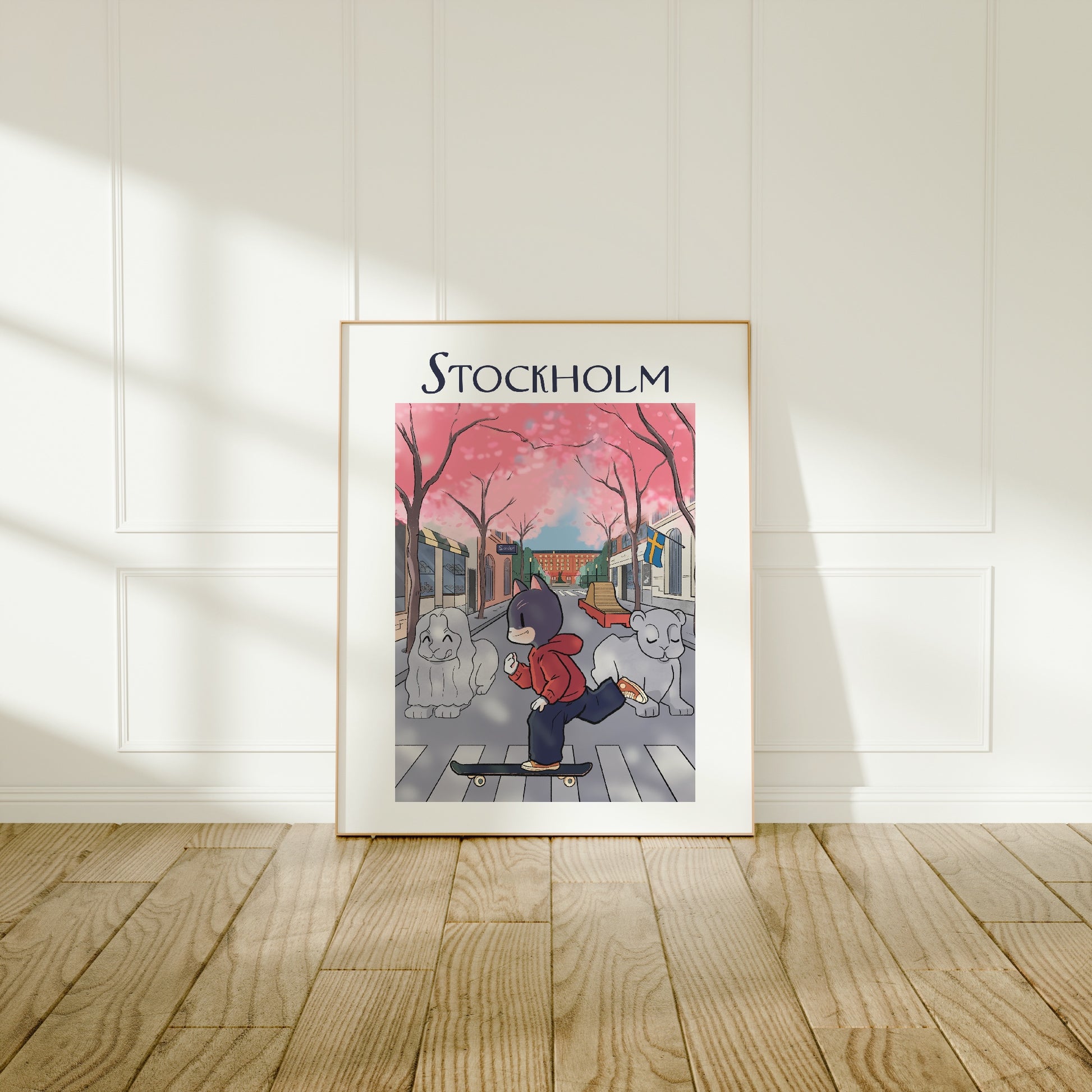 Large frame of the Stockholm city poster leaning against a wall on a wooden floor 