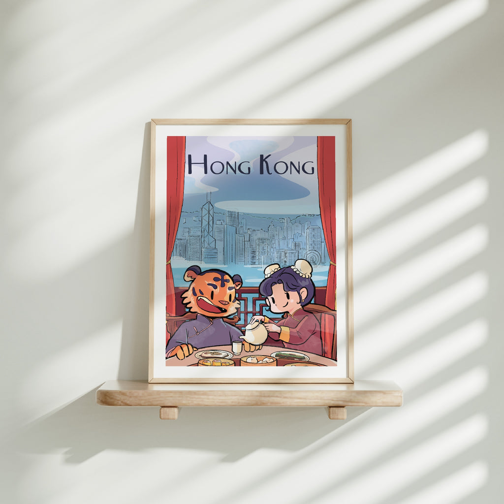 Medium frame of the Hong Kong City poster on a wooden shelf