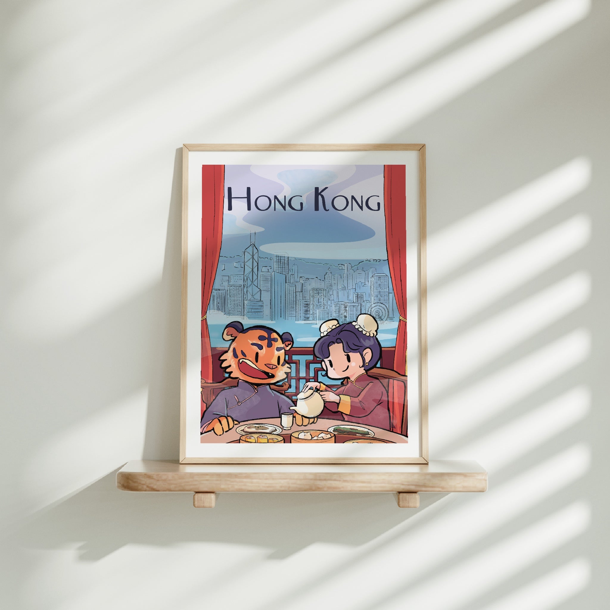 Medium frame of the Hong Kong City poster on a wooden shelf