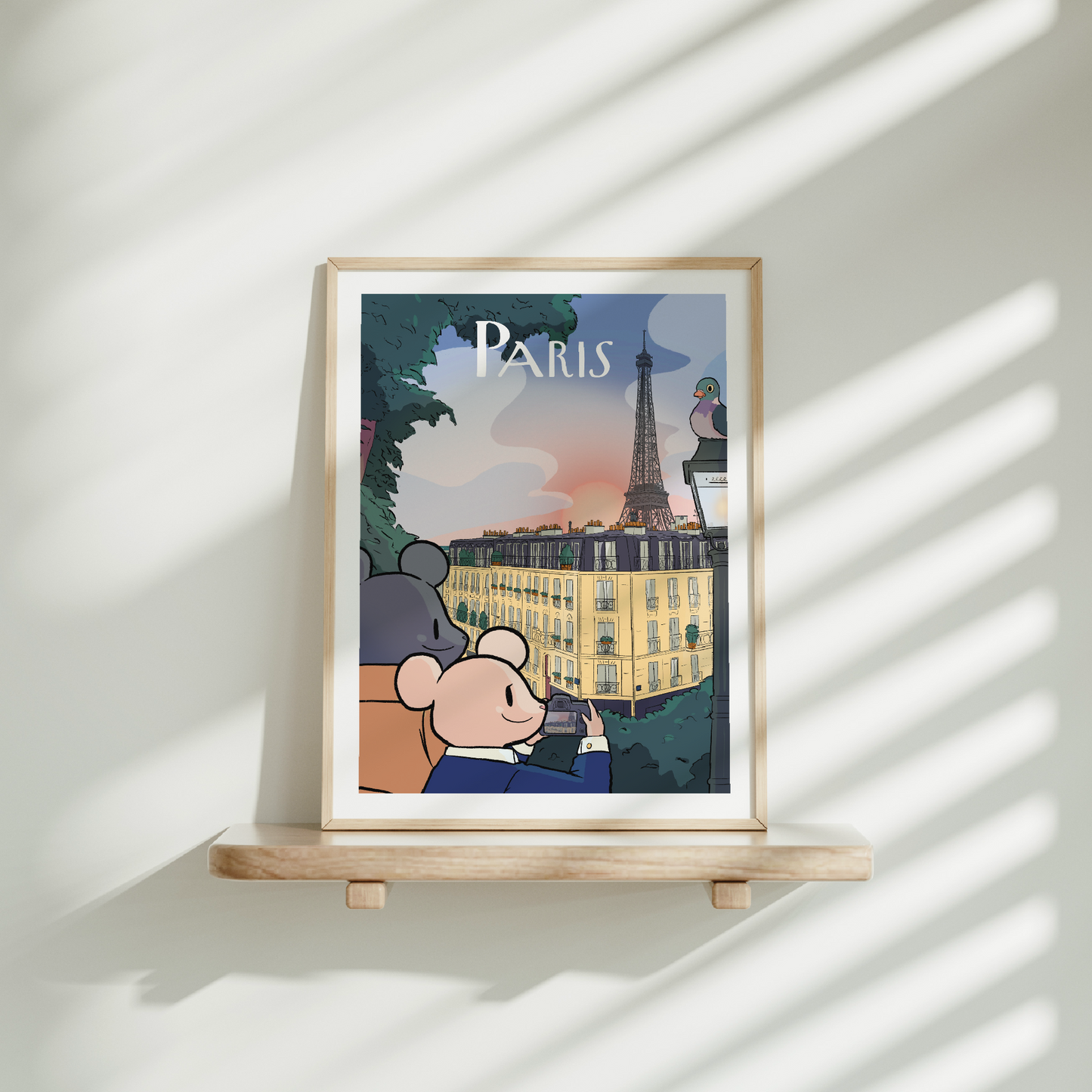 Medium frame of the Paris city poster on a wooden shelf