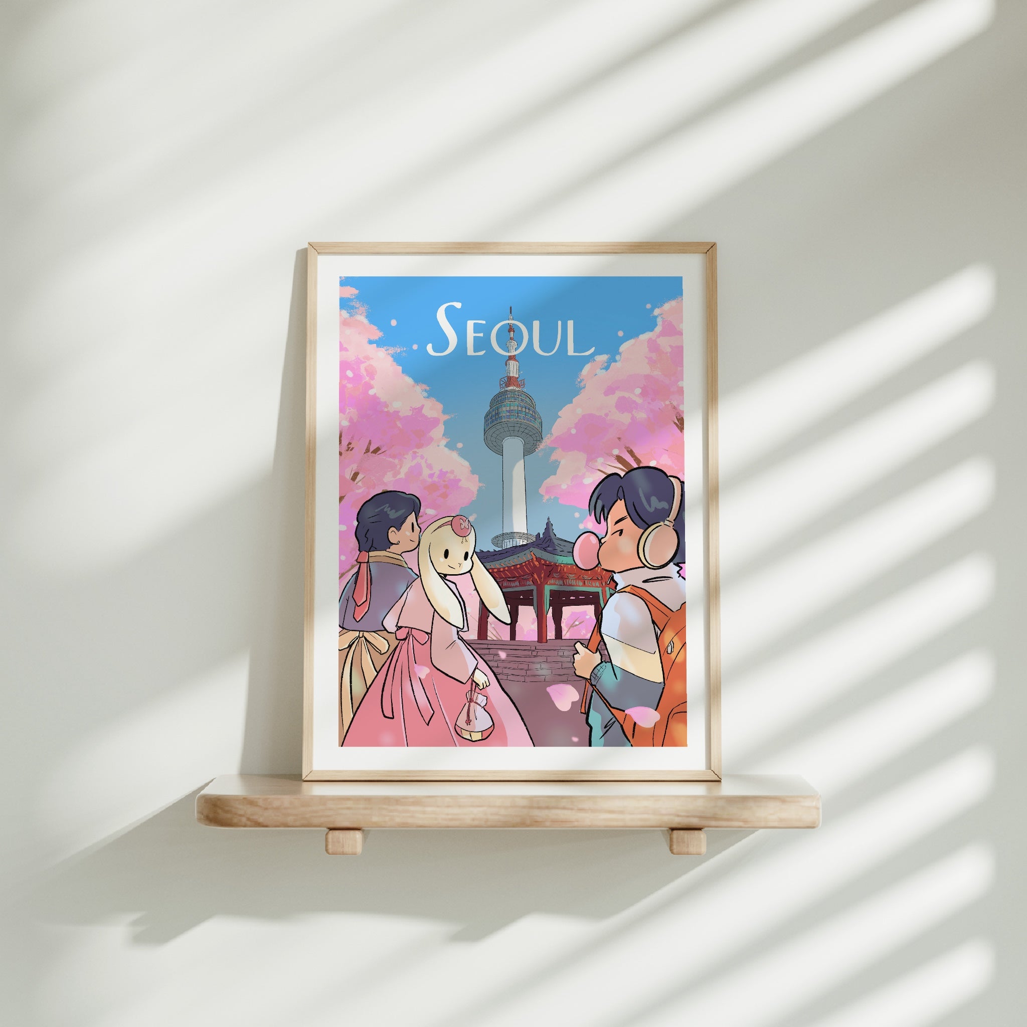 Medium frame of the Seoul City poster on a wooden shelf