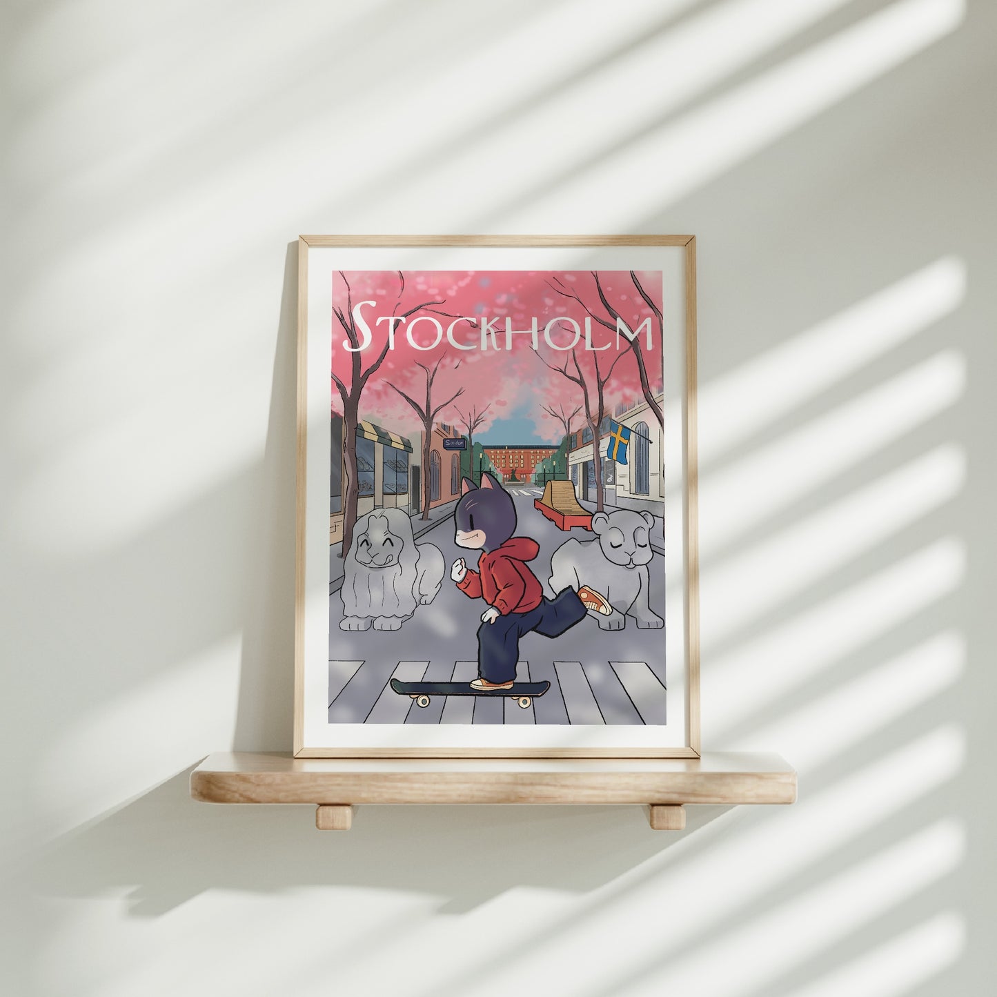 Medium frame of the Stockholm city poster on a wooden shelf