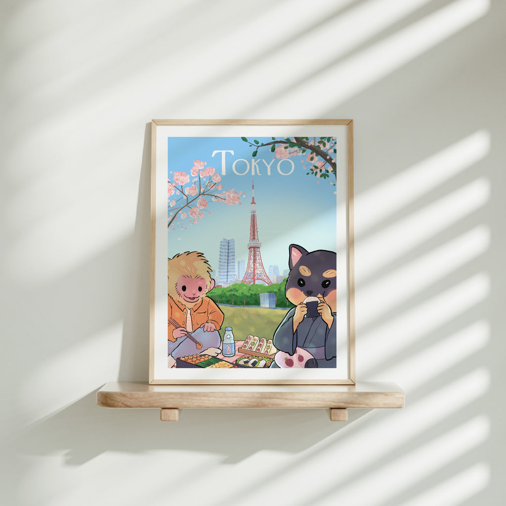 Medium frame of the Tokyo City poster on a wooden shelf