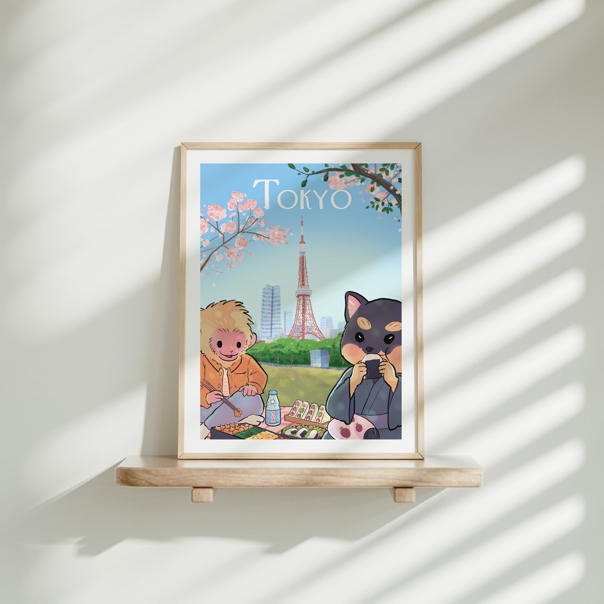 Medium frame of the Tokyo City poster on a wooden shelf