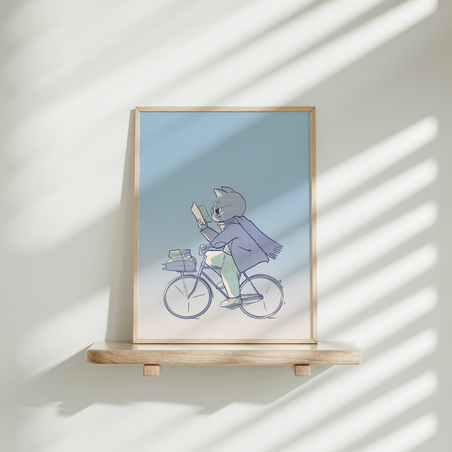 Medium frame of the bookish biker print on a wooden shelf