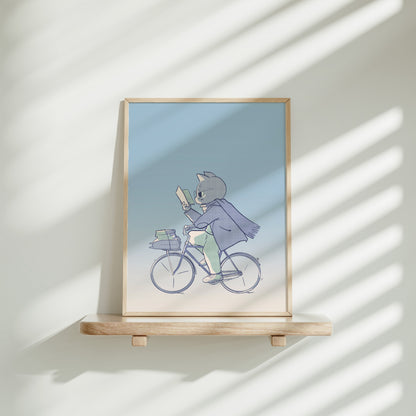 Medium frame of the bookish biker print on a wooden shelf