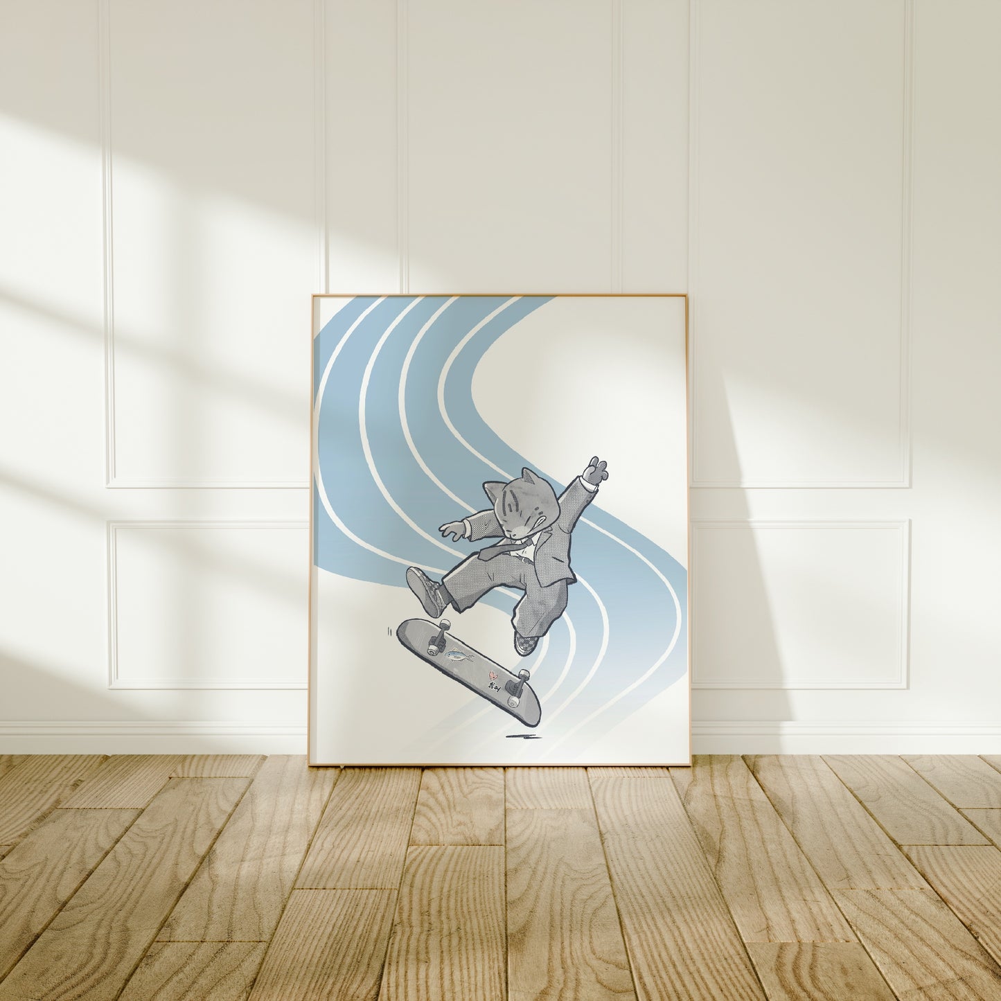 Large frame of the Corporate Kickflip print leaning against a wall on a wooden floor 