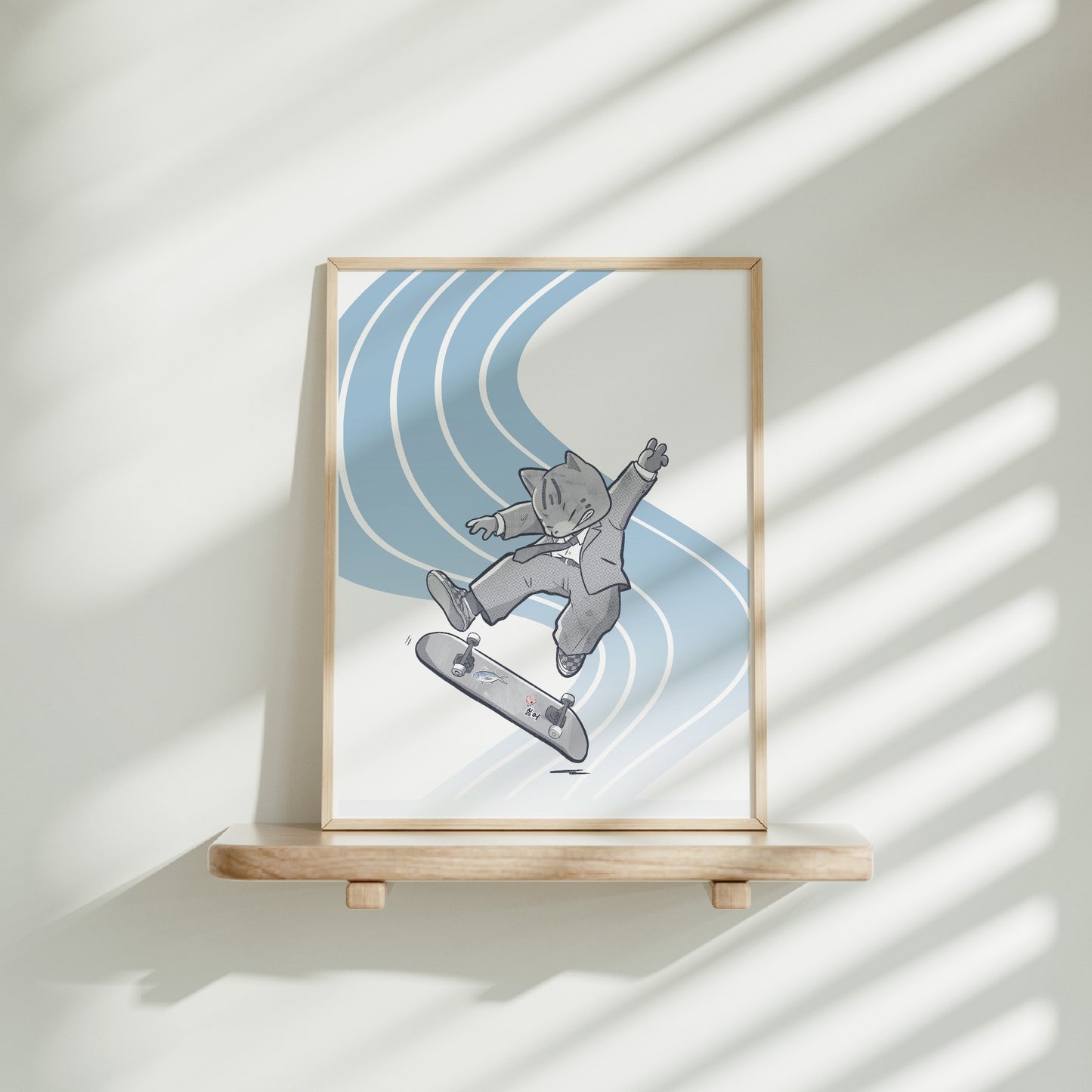 Medium frame of the Corporate Kickflip print on a wooden shelf