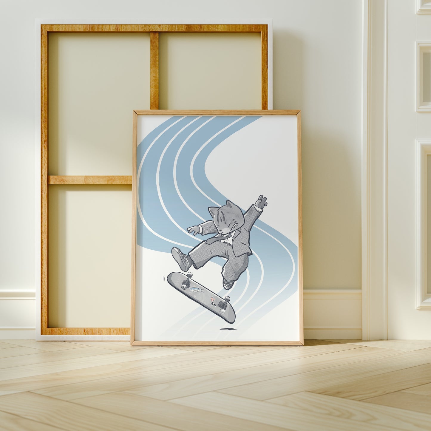 Extra Large frame next to canvas of the Corporate Kickflip print leaning against a wall on a wooden floor 