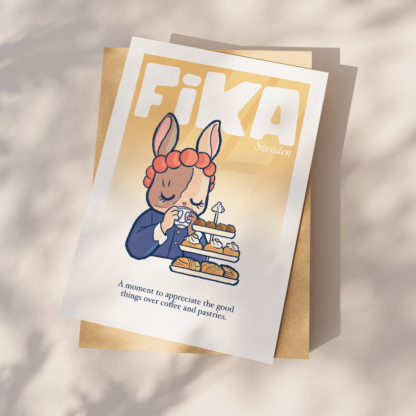 A4 paper print of the Fika Bunny poster under the sun