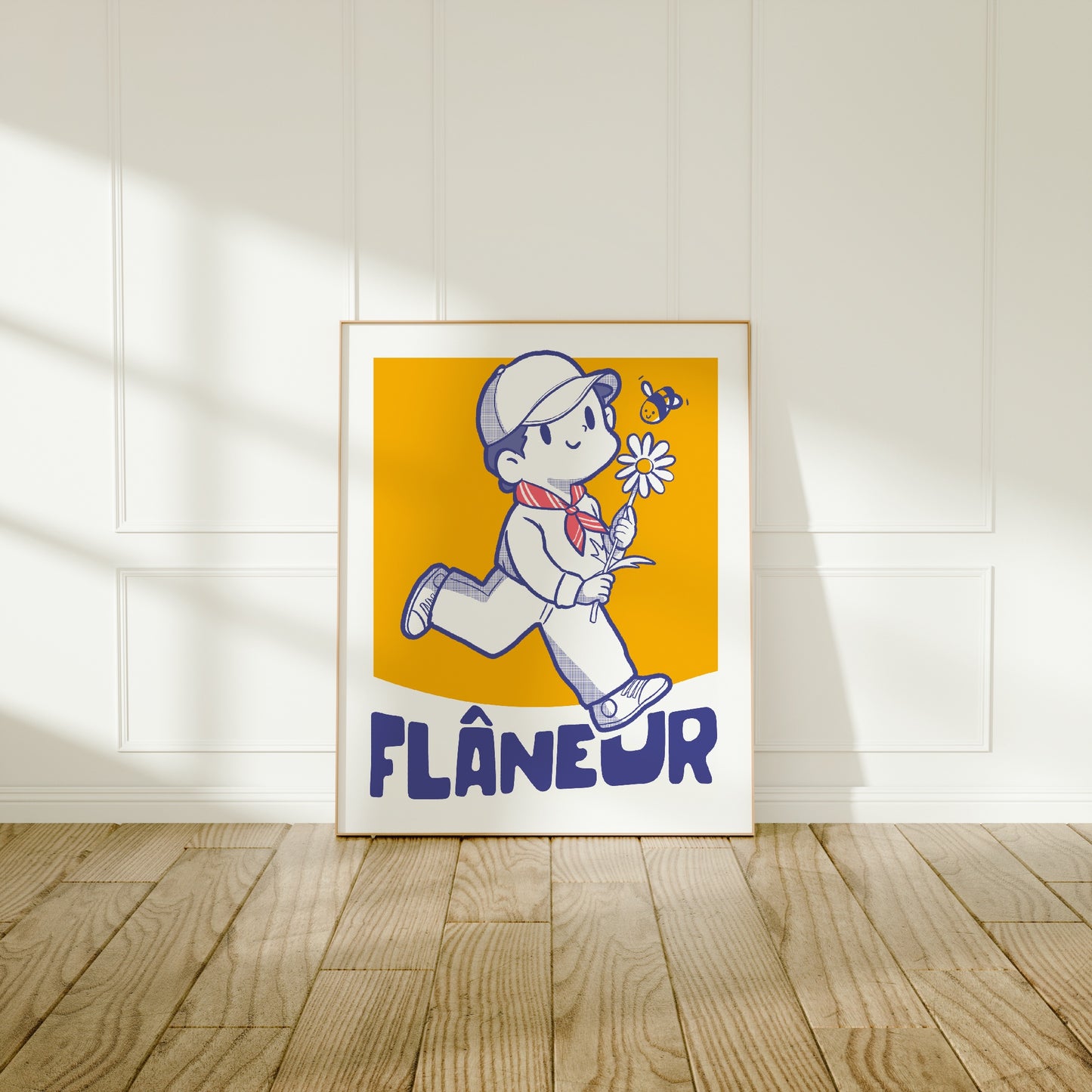 Large frame of the Flaneur poster leaning against a wall on a wooden floor 