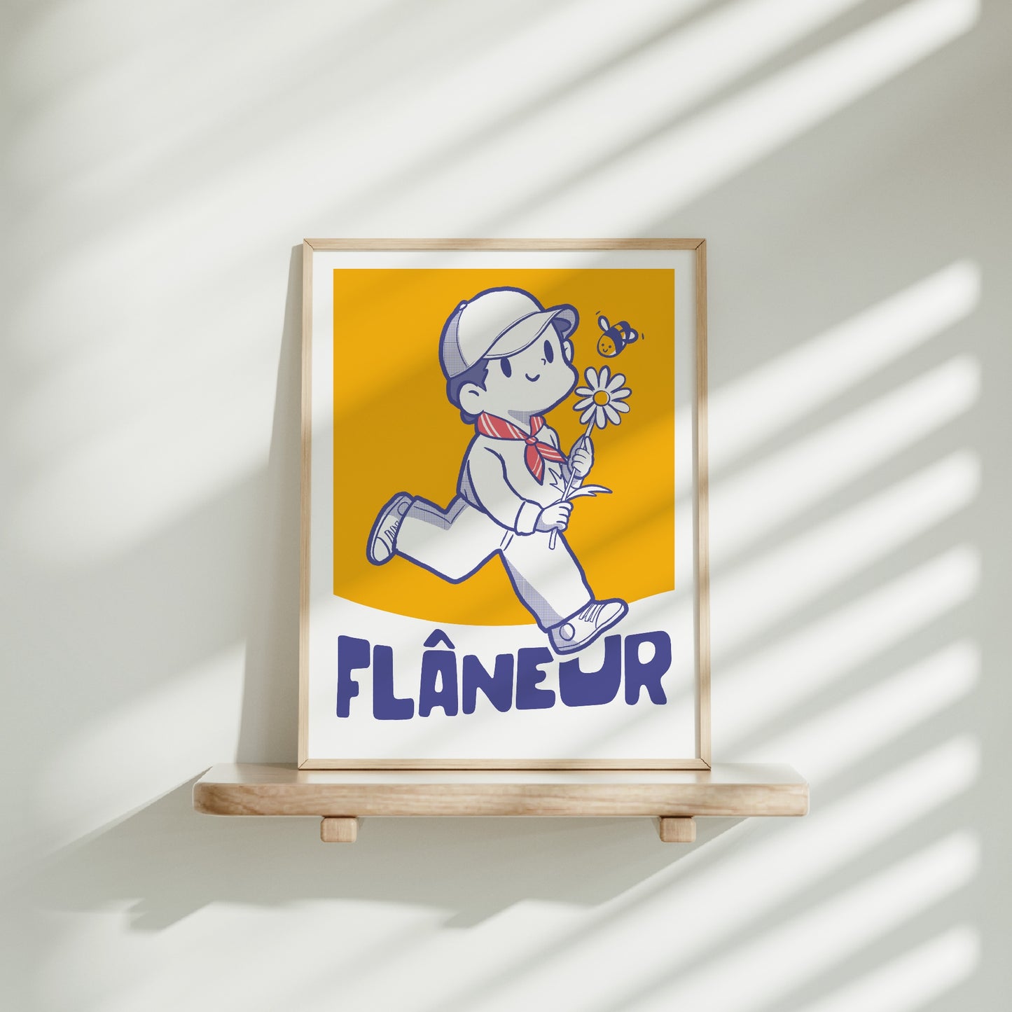 Medium frame of the Flaneur poster on a wooden shelf