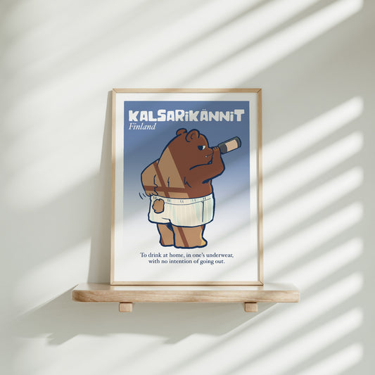 Medium frame of the Finnish Bear poster on a wooden shelf