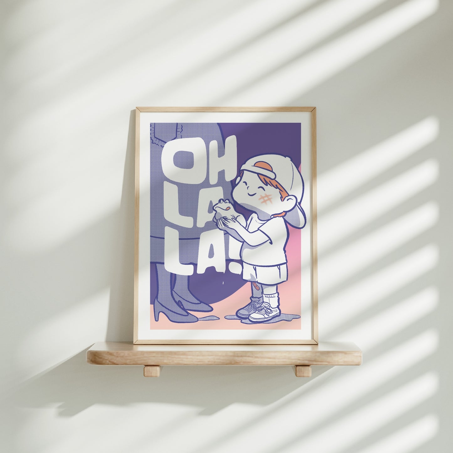 Medium frame of the Oh la la ! poster on a wooden shelf