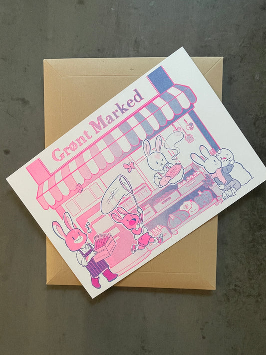Green Market Bunnies — Riso Print (Limited Edition)