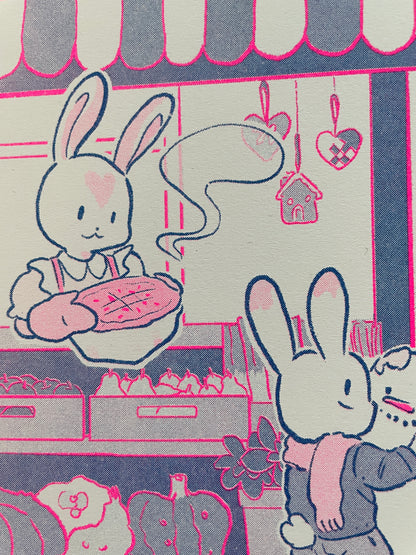 Green Market Bunnies — Riso Print (Limited Edition)