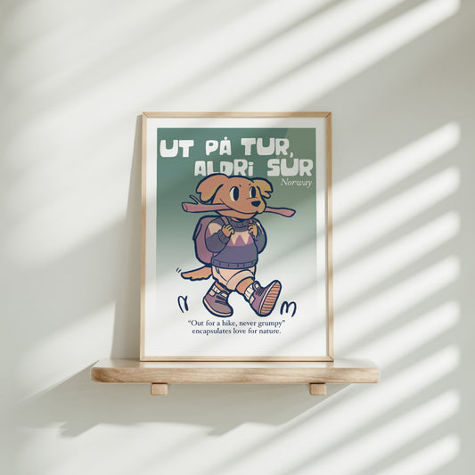 Medium frame of the Ut på tur Scandinavian poster on a wooden shelf