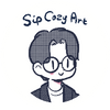 Illustration of a person with glasses and a checkered shirt, with 'Sip Cozy Art' text above.