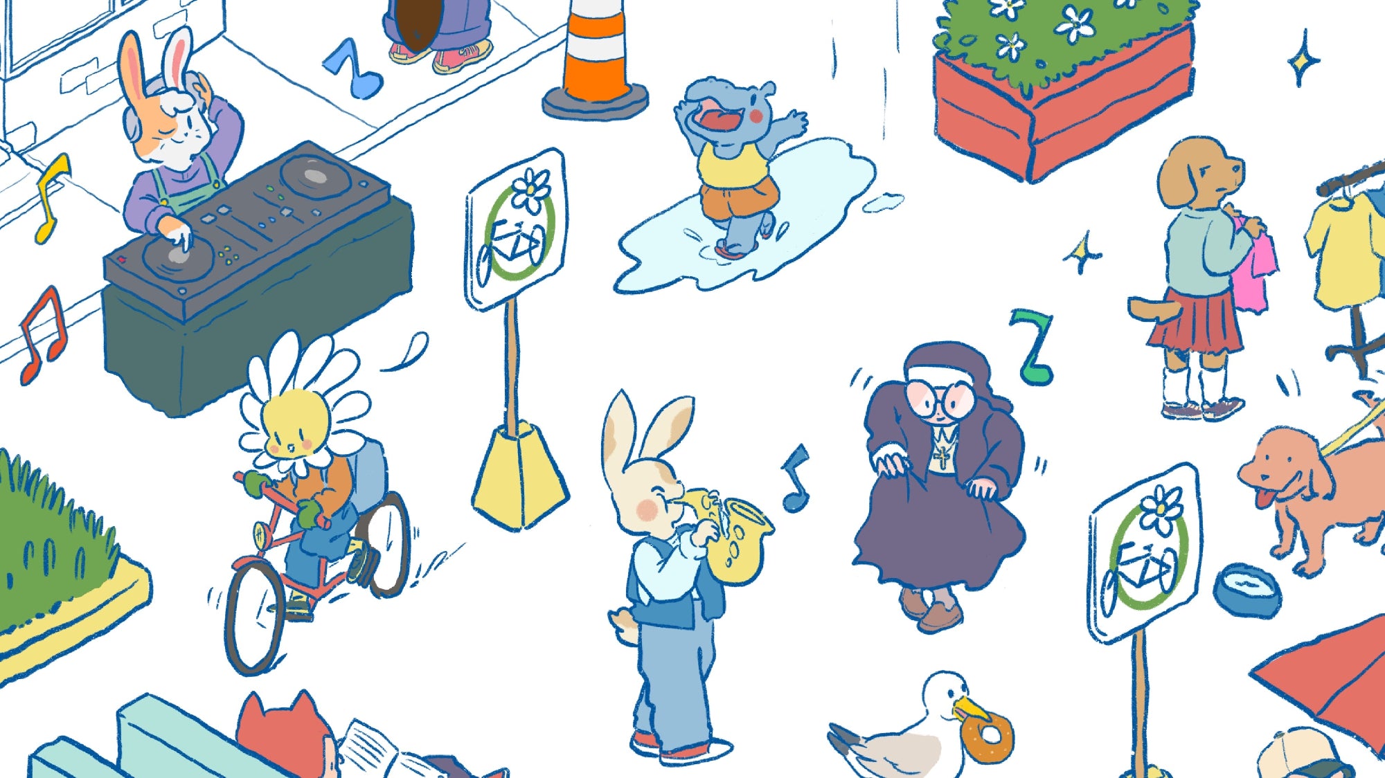 Illustrated scene with various characters and objects including a person on a bicycle, a dog, and a person with a suitcase.